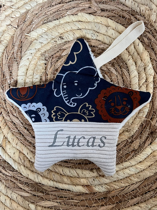 Doudou étoile tétine animaux fond bleu